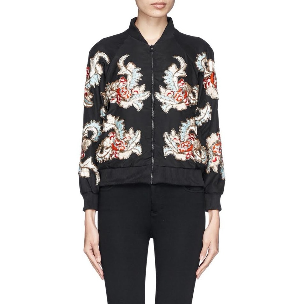 EUC Alice + Olivia Felisa Floral Bead Satin Embroidered Bomber Jacket S
